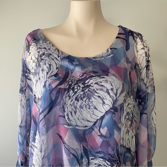 Creation Silk Batwing Blouse Tunic Top Long Longline Floral Purple Size Small - Picture 3 of 9